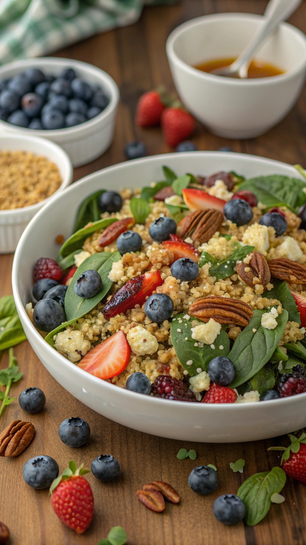A colorful bowl of blueberry quinoa salad with spinach, strawberries, and pecans.