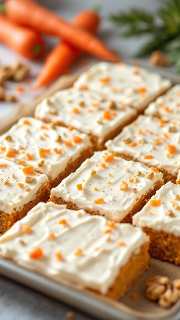 Delicious carrot cake bars topped with cream cheese frosting and garnished with chopped walnuts and carrot pieces.