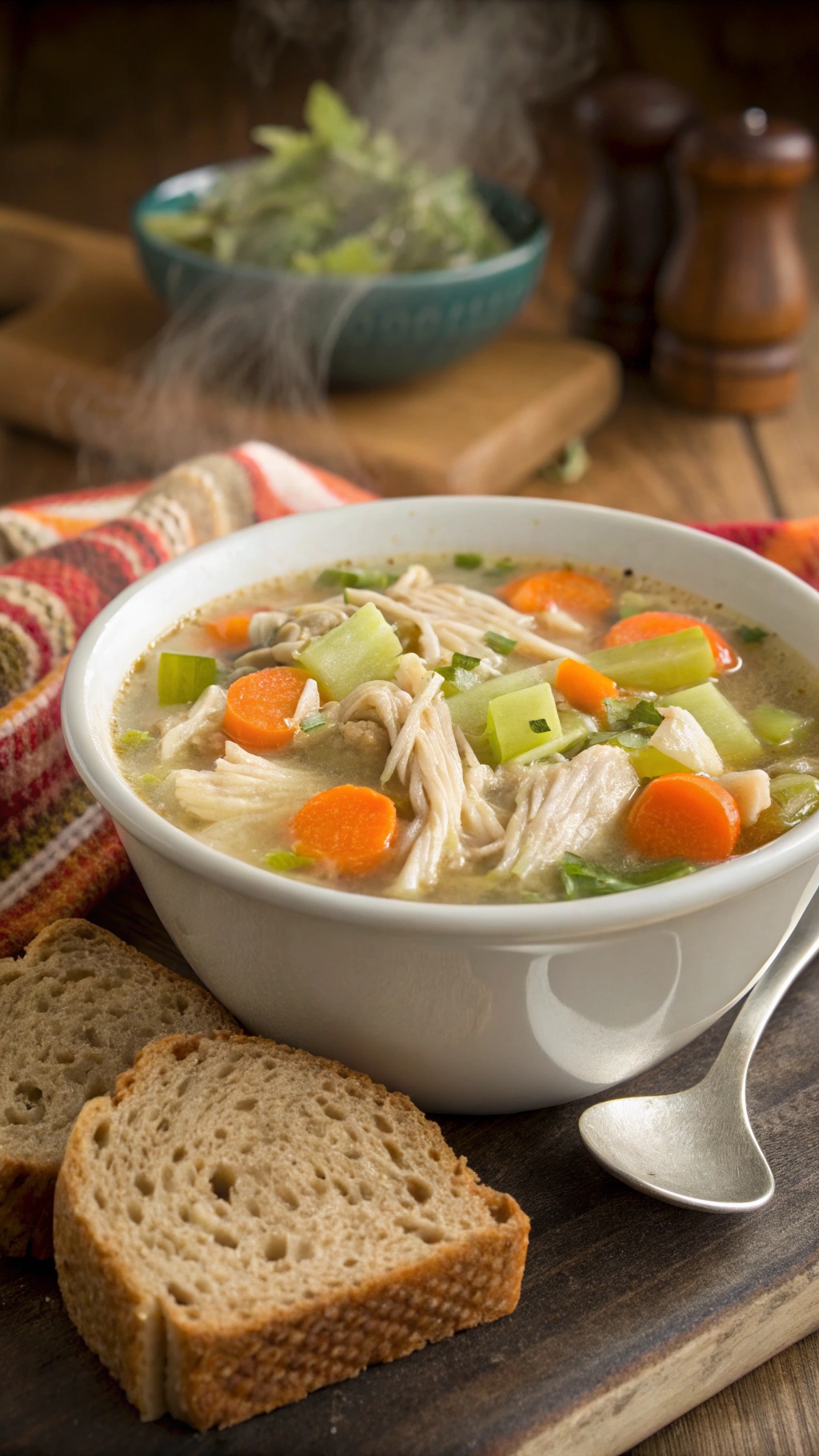 A bowl of chicken and vegetable soup with slices of bread on the side.