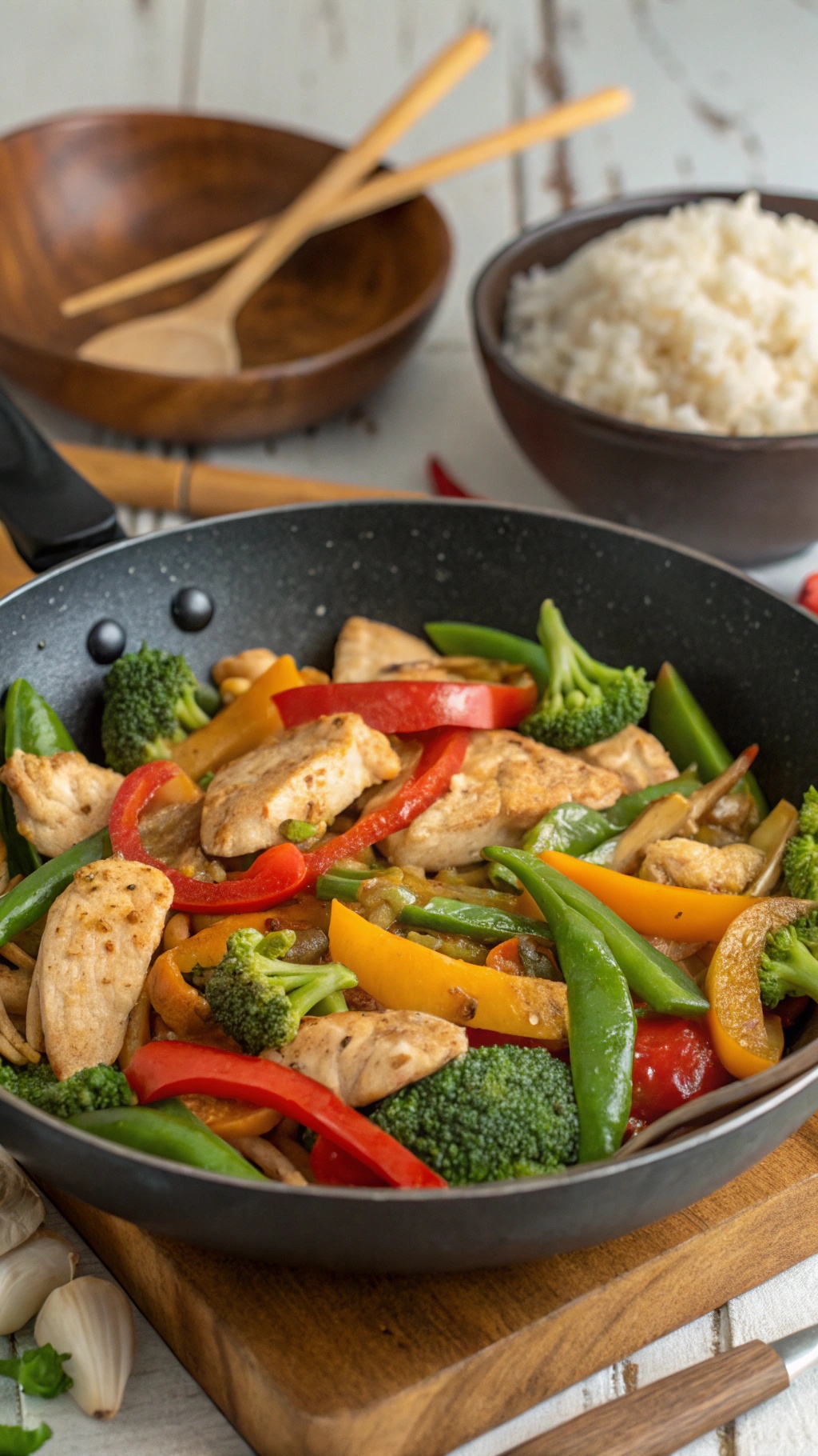 A colorful chicken and vegetable stir-fry in a skillet, served with rice.
