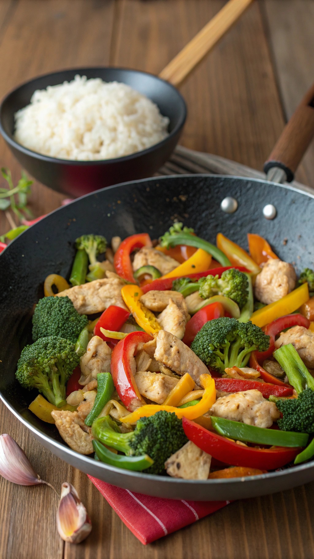 A colorful chicken and vegetable stir-fry in a skillet with a bowl of rice in the background.