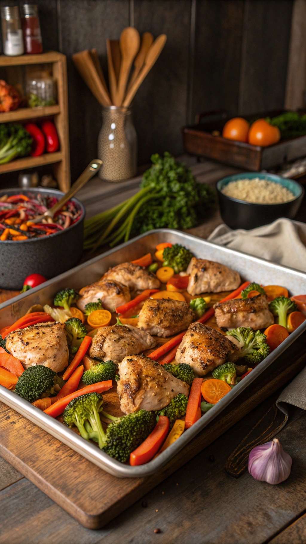 A sheet pan dinner with roasted chicken thighs and colorful vegetables.