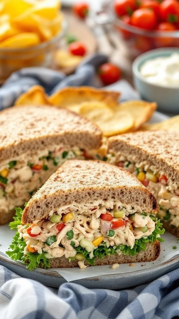 Wholesome chicken salad sandwiches with colorful vegetables on whole grain bread