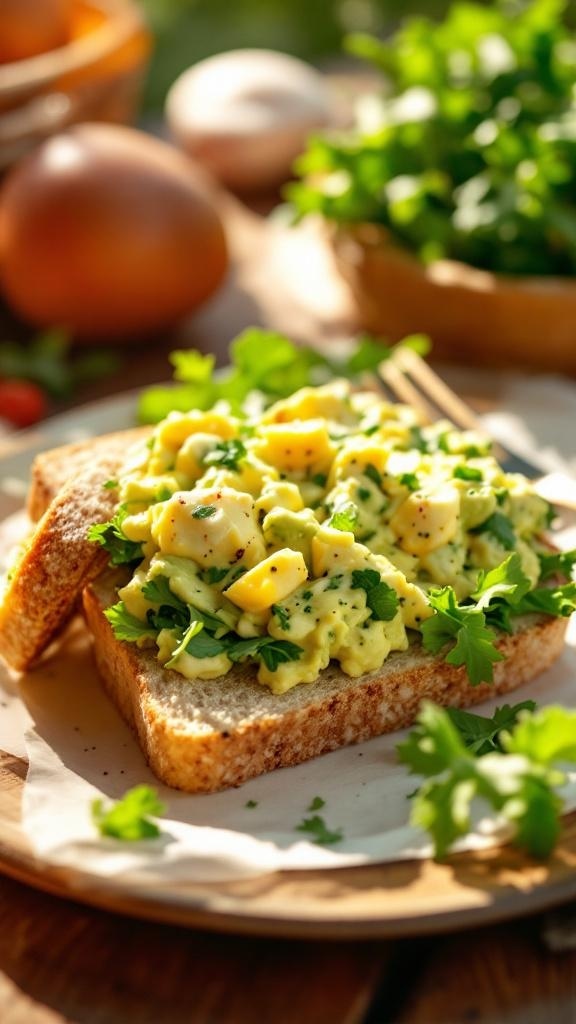 A wholesome egg salad sandwich with avocado on whole grain bread, garnished with fresh parsley.