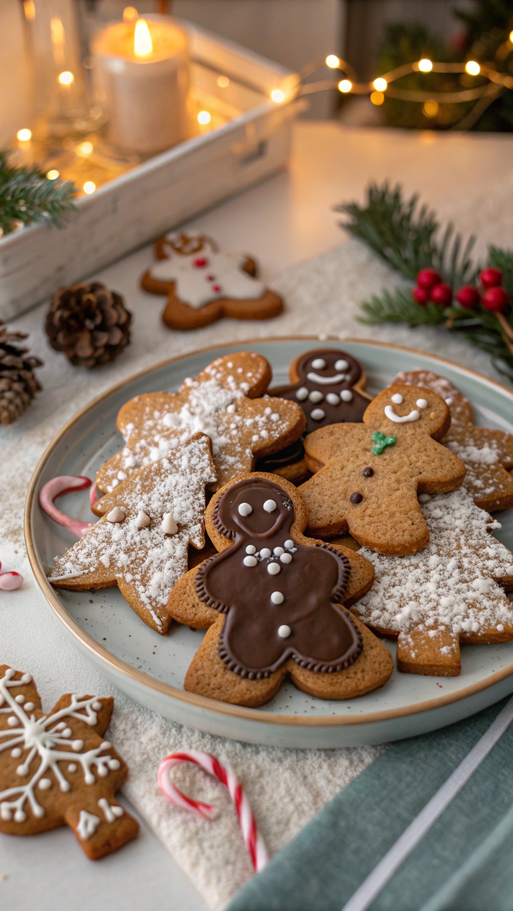 A plate of decorated gingerbread cookies including gingerbread men and Christmas trees, surrounded by festive decorations.