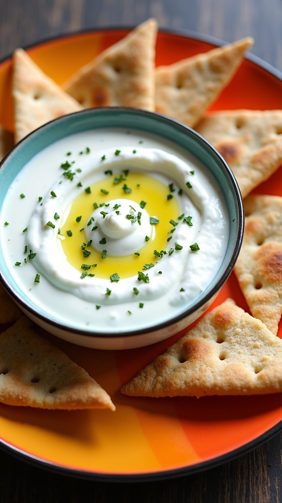 A bowl of Greek yogurt dip surrounded by crispy pita chips, garnished with herbs and olive oil.