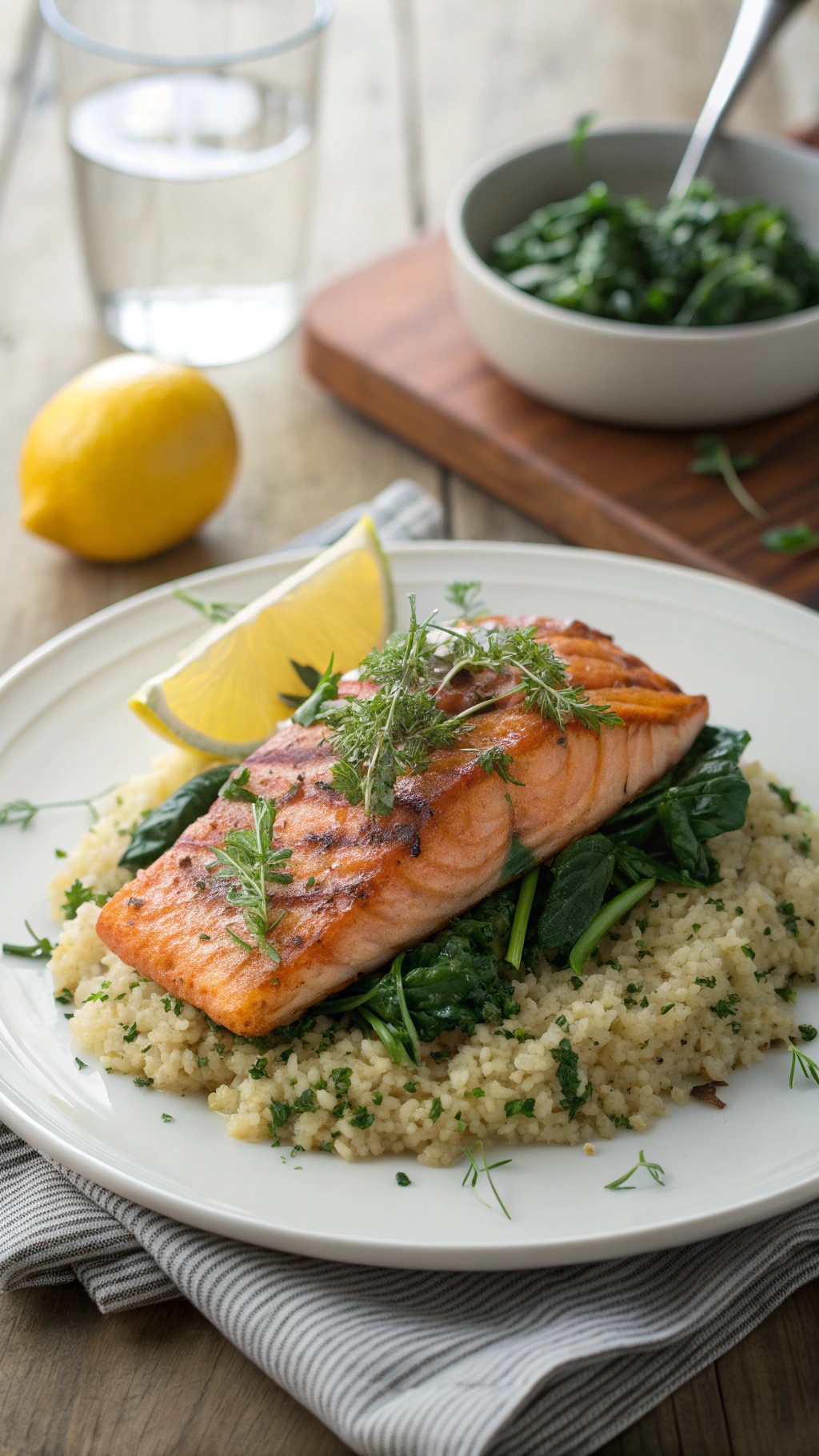 Grilled salmon on quinoa and spinach with lemon slices