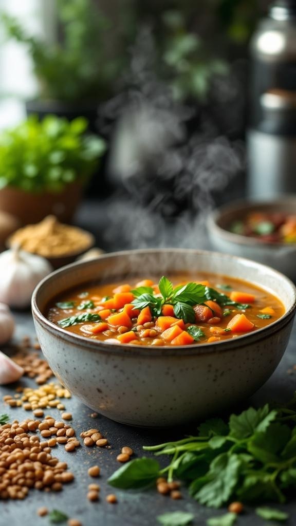 A bowl of steaming lentil soup with carrots and greens, surrounded by lentils and fresh herbs.