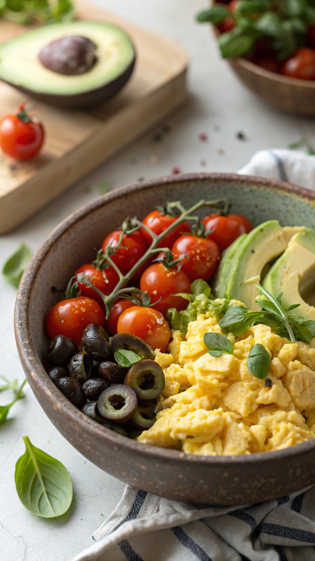 A Mediterranean breakfast bowl with scrambled eggs, cherry tomatoes, avocado slices, and black olives.