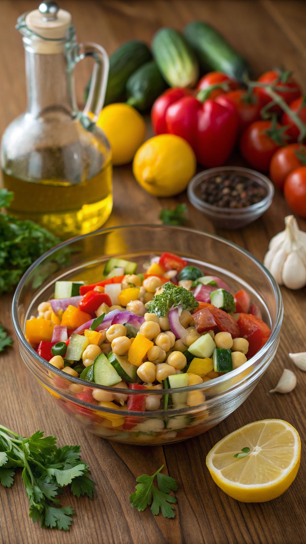 A colorful Mediterranean chickpea salad with fresh vegetables and olive oil dressing, perfect for meal prep.