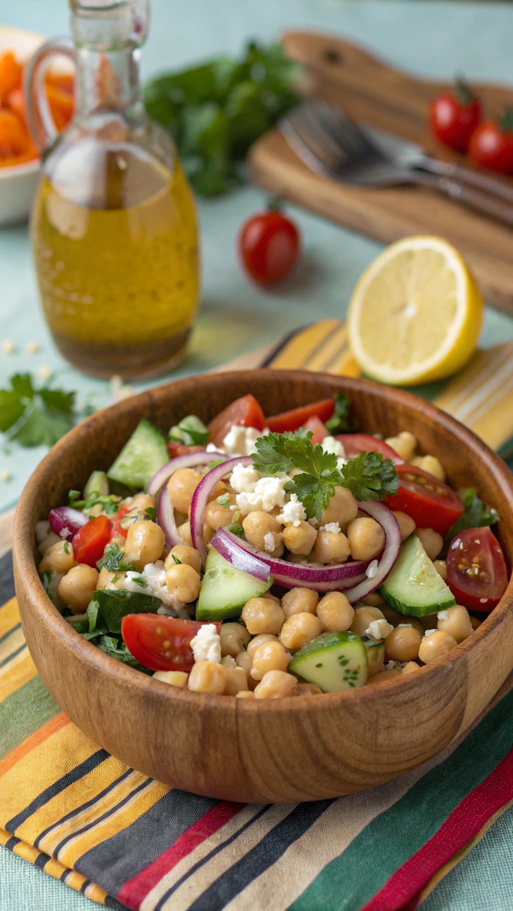 A bowl of Mediterranean Chickpea Salad with tomatoes, cucumbers, and feta cheese