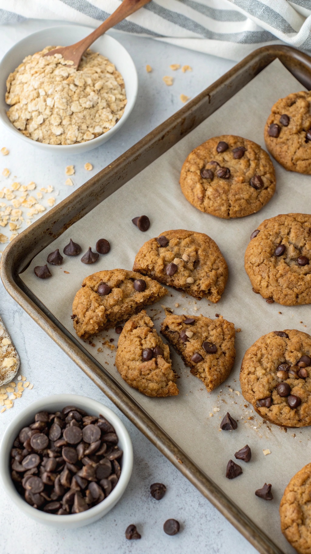Freshly baked oatmeal protein cookies on a tray with chocolate chips and oats.