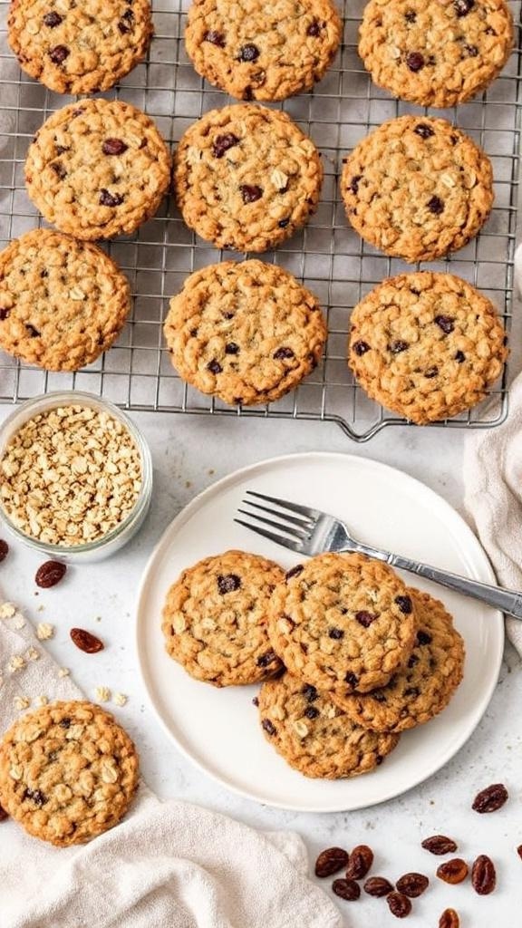 A batch of oatmeal raisin cookies on a cooling rack with some on a plate and ingredients like oats and raisins nearby.