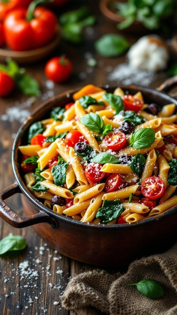 A colorful one-pot pasta dish with cherry tomatoes, spinach, and cheese.