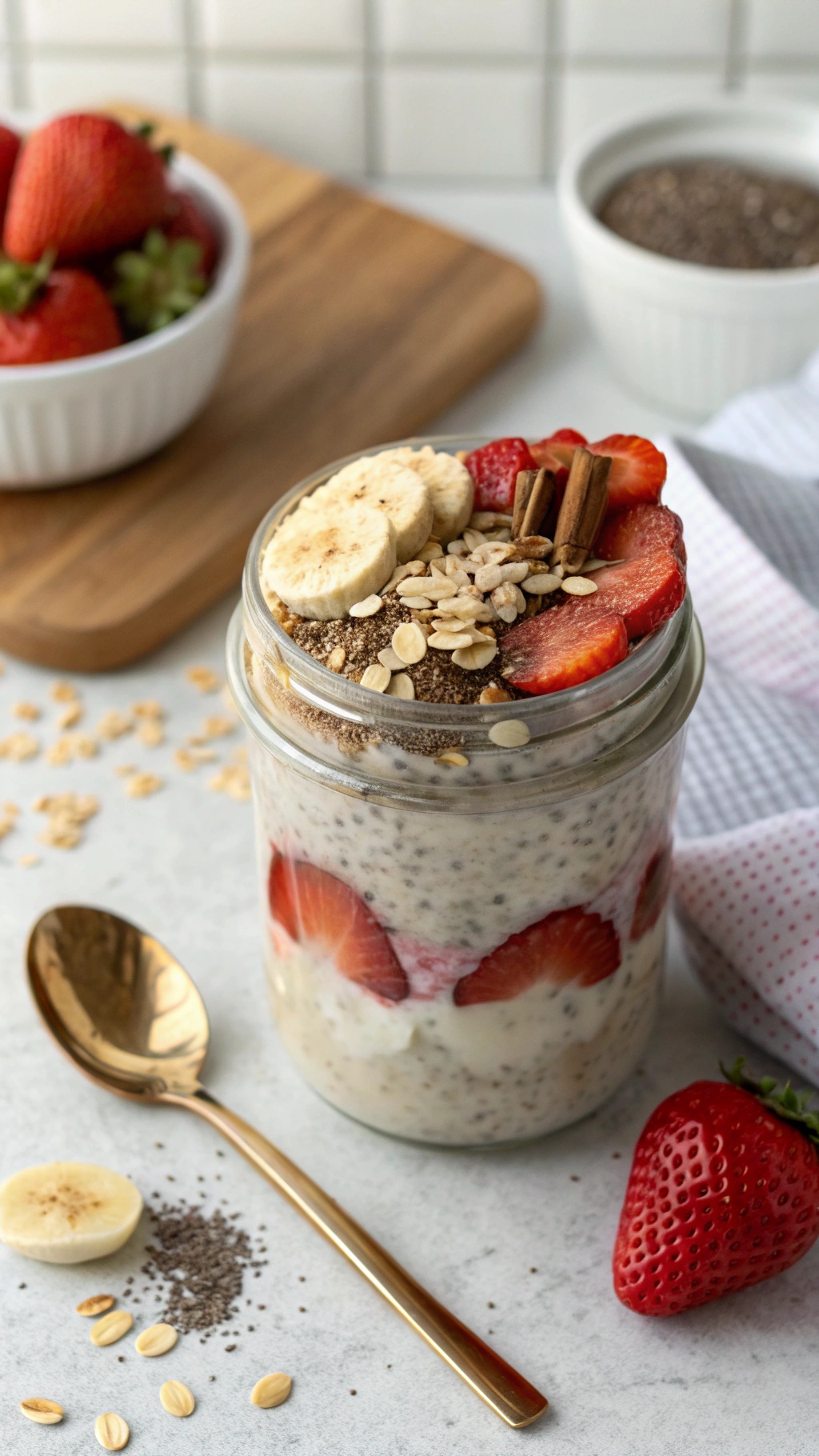A jar of overnight oats topped with strawberries, banana slices, and chia seeds, with a golden spoon beside it.