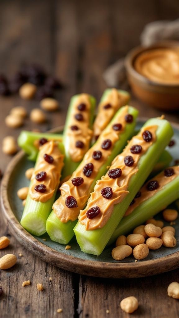Celery sticks topped with peanut butter and raisins on a wooden table