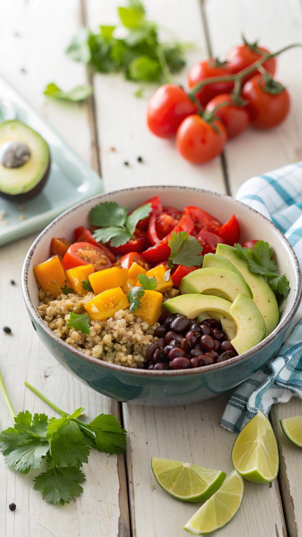 A colorful quinoa and black bean bowl with fresh vegetables and avocado, garnished with cilantro.