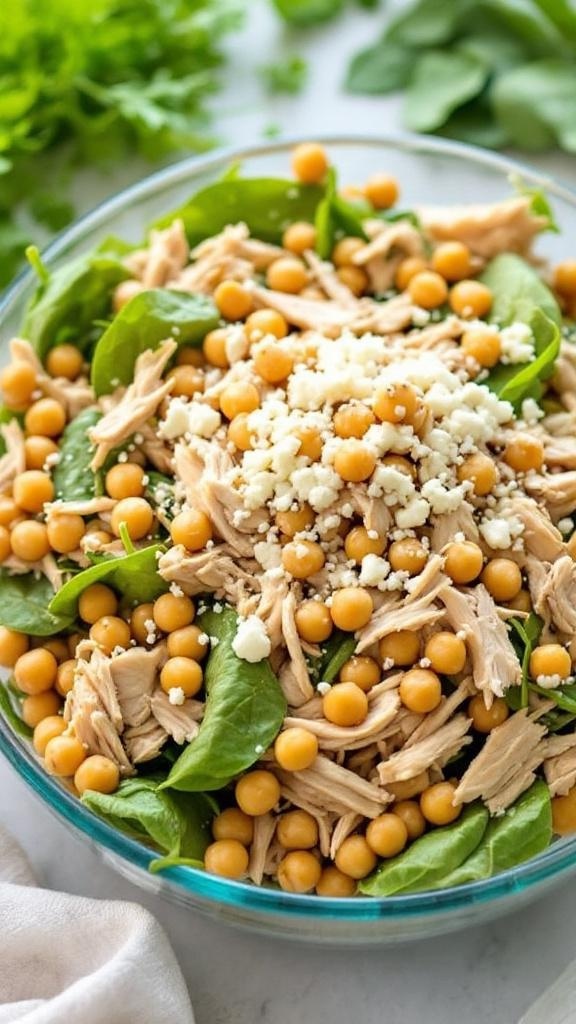 A colorful bowl of rotisserie chicken salad with chickpeas and spinach, topped with feta cheese.