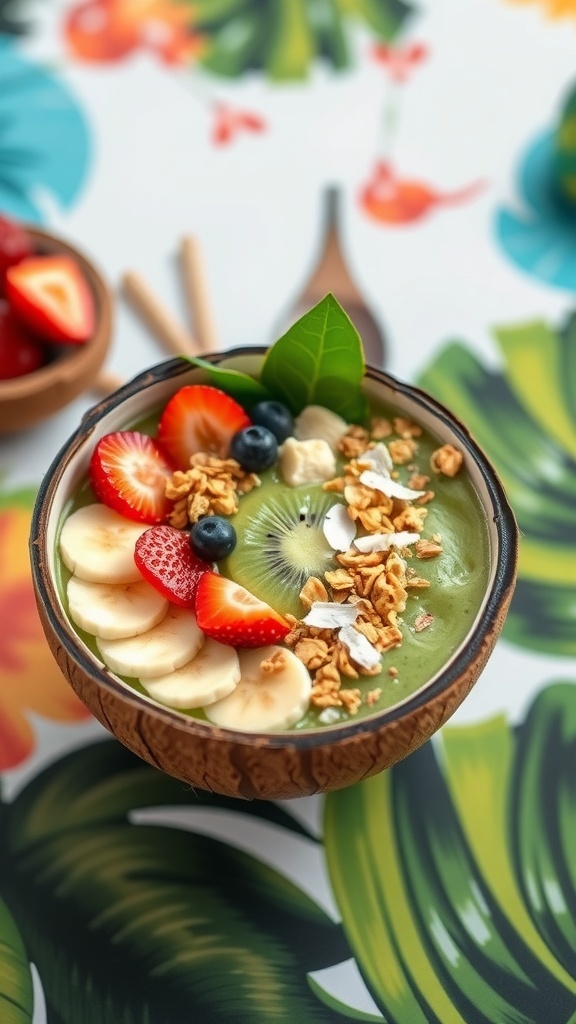 A vibrant smoothie bowl topped with sliced bananas, strawberries, blueberries, granola, and coconut flakes.
