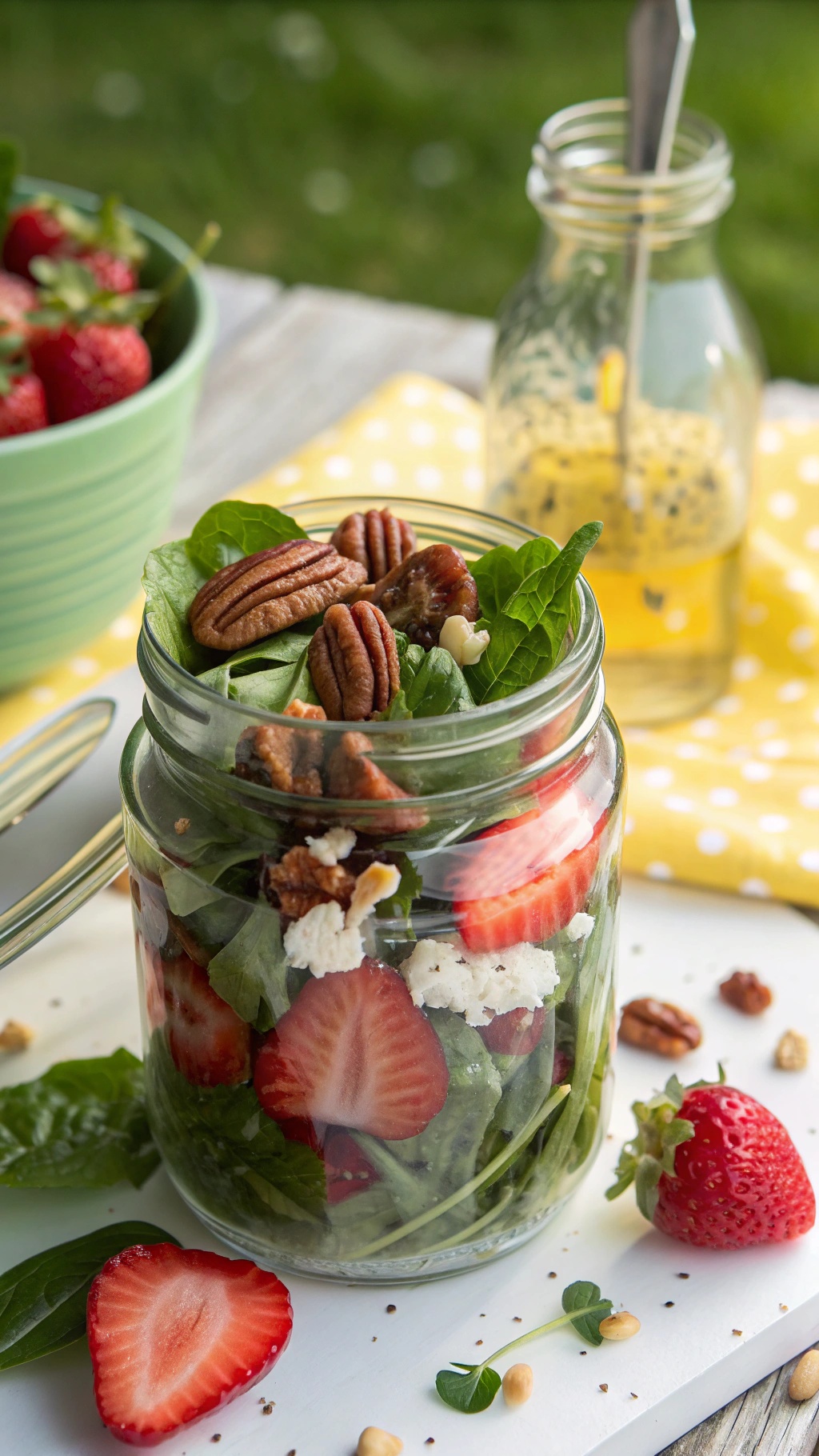 A jar filled with spinach, strawberries, pecans, and feta cheese, ready for a healthy meal.