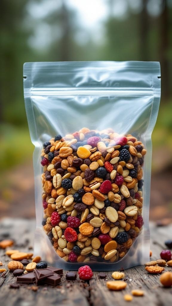 A clear bag filled with a colorful mix of nuts, dried fruits, and chocolate on a wooden table.