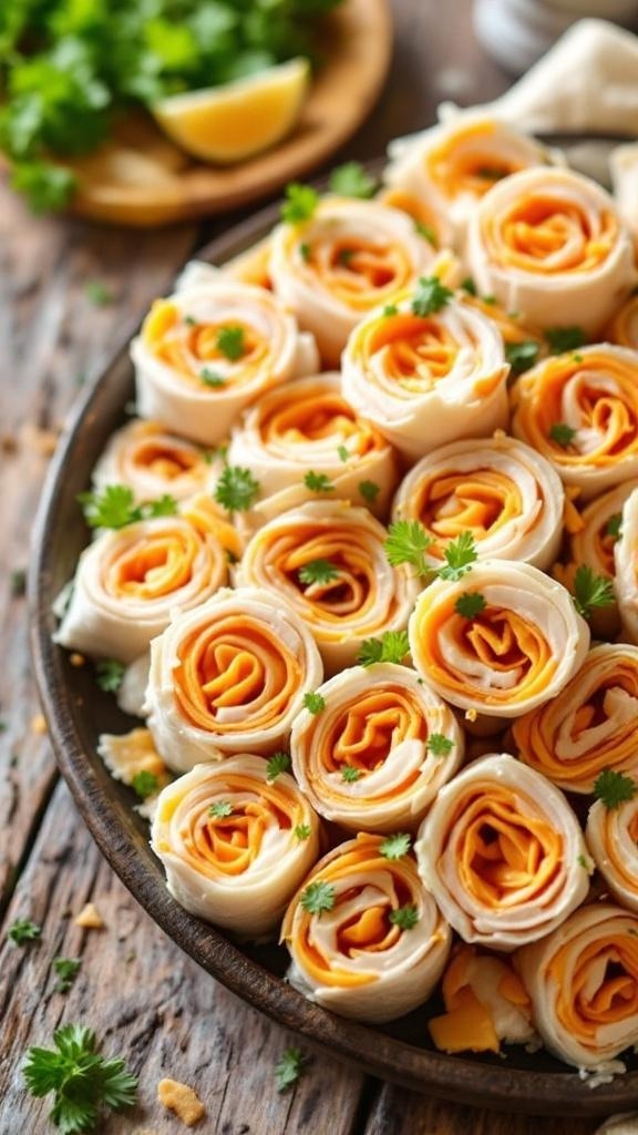 A platter of turkey and cheese roll-ups garnished with fresh herbs.
