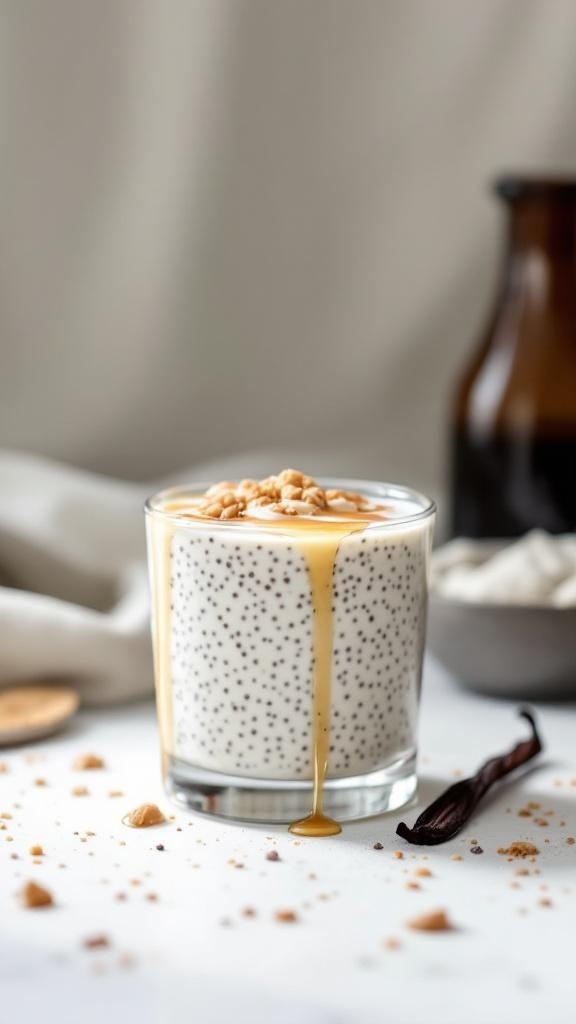 A glass of vanilla maple chia pudding topped with granola and maple syrup, with a dark bottle and a bowl in the background.
