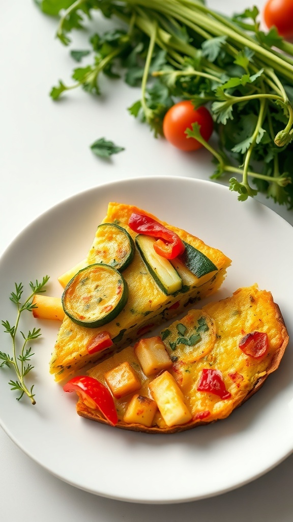 A plate of veggie frittata slices with fresh herbs and vegetables in the background.