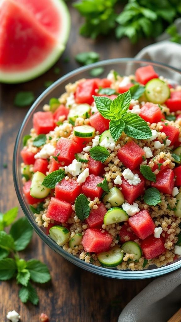 A vibrant bowl of watermelon quinoa salad with mint and feta cheese