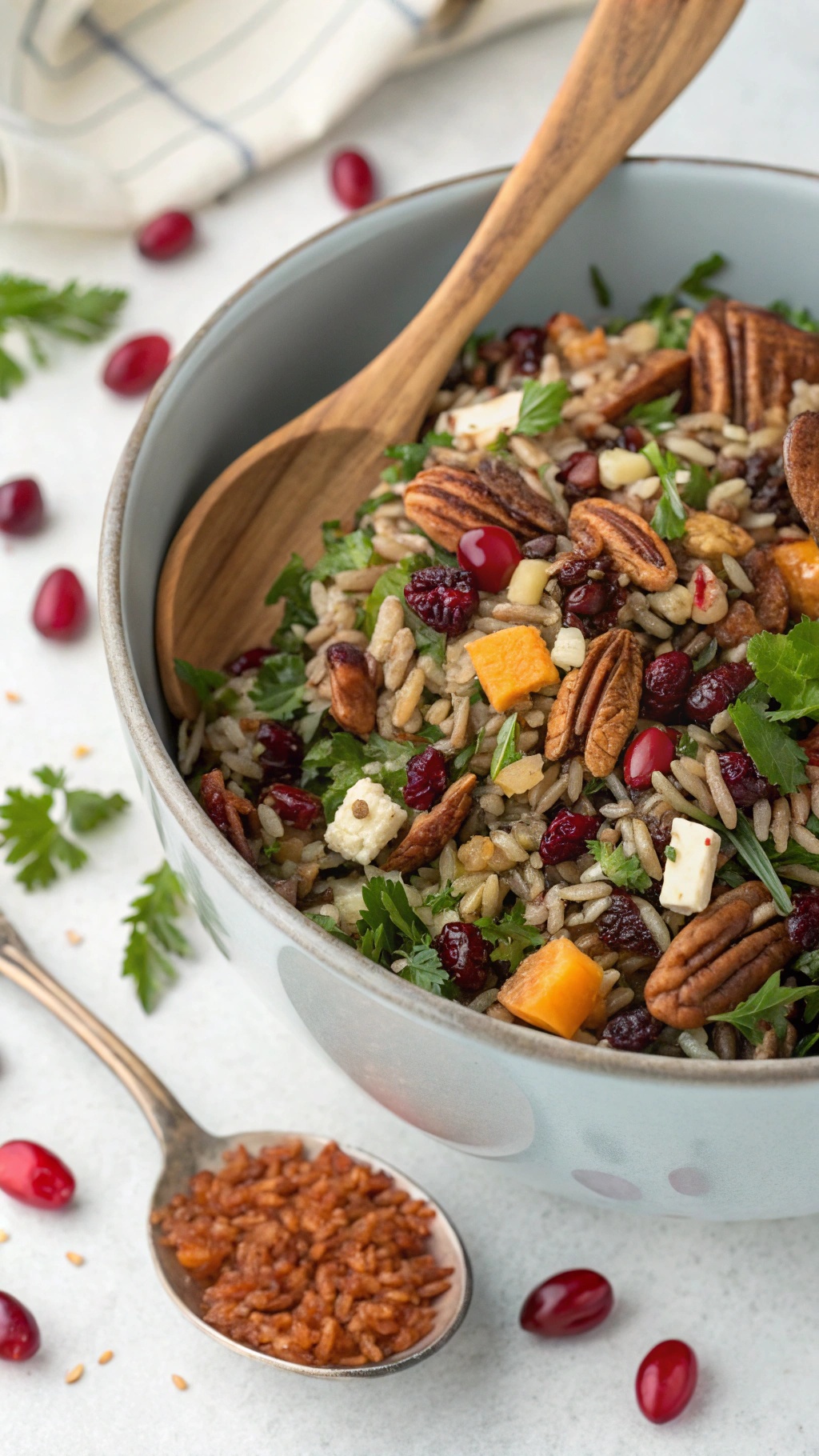 A bowl of wild rice salad with dried cranberries and nuts, garnished with fresh herbs.