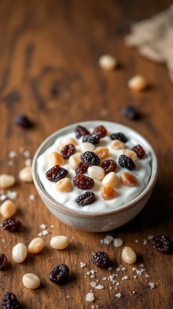 A bowl of yogurt-covered raisins on a wooden table, with some raisins scattered around.