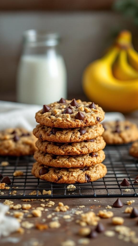 A stack of banana oatmeal cookies with chocolate chips, a glass of milk, and ripe bananas in the background.