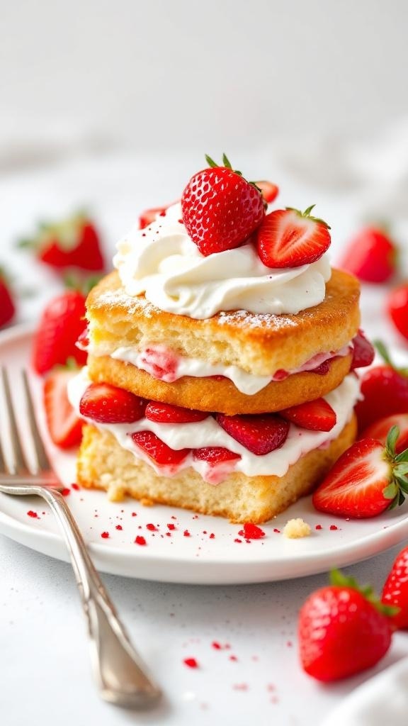 A delicious strawberry shortcake with layers of cake, strawberries, and whipped cream.