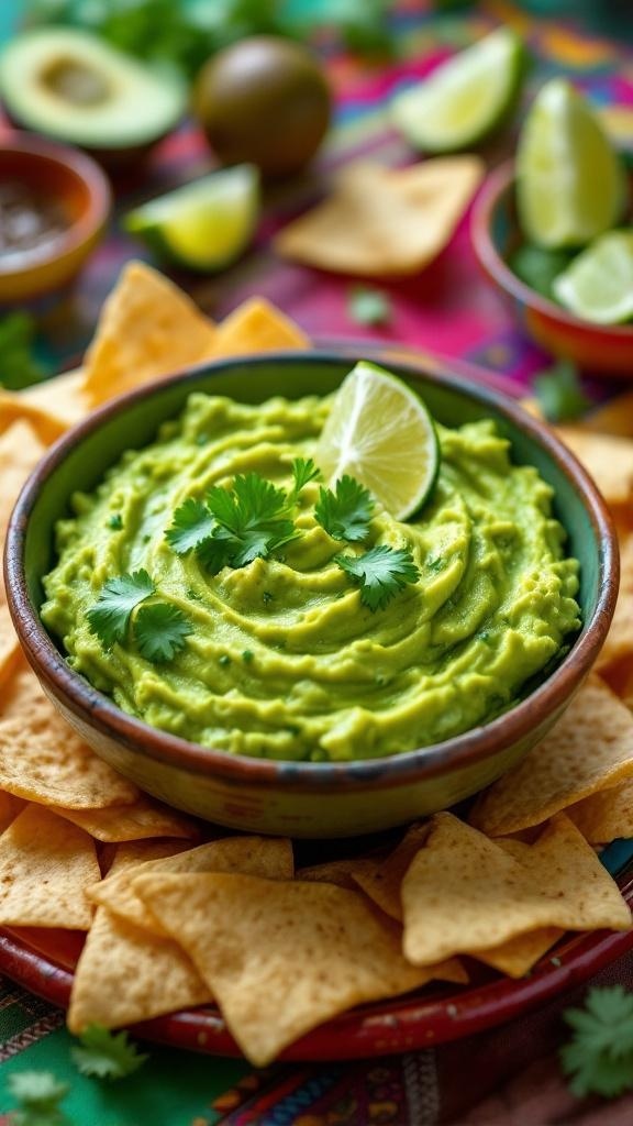 A bowl of creamy guacamole garnished with cilantro and lime, surrounded by tortilla chips.