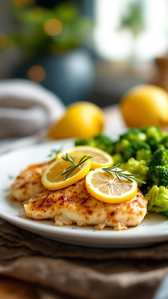 A plate of Keto Lemon Chicken with lemon slices and steamed broccoli