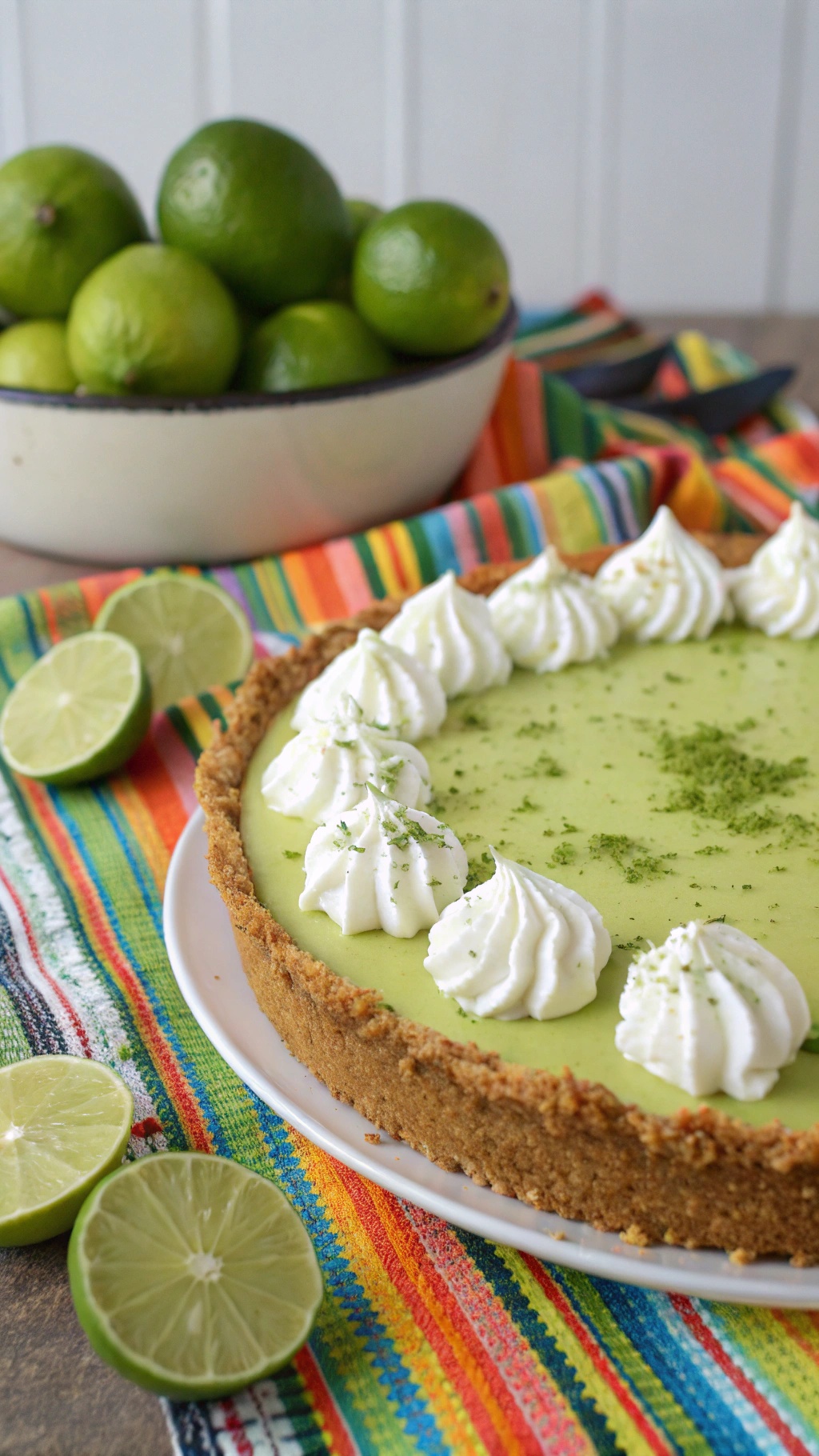 A low-sugar key lime pie with whipped cream on top, surrounded by fresh limes on a colorful striped tablecloth.