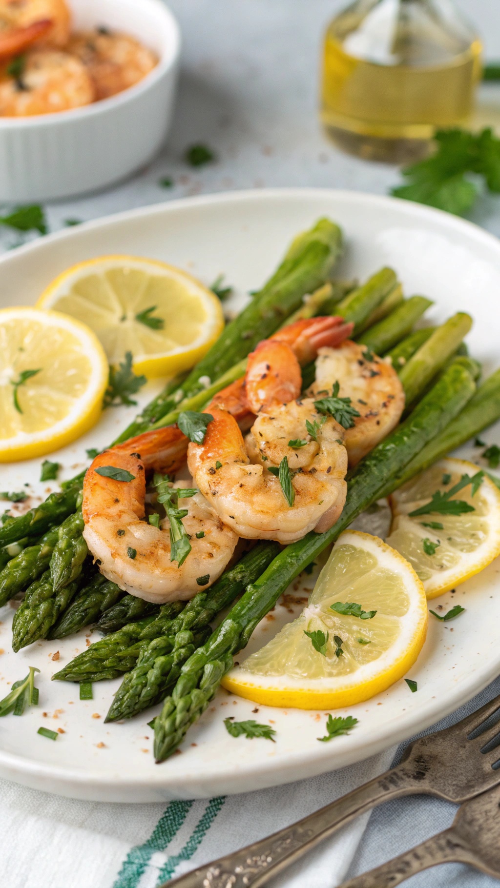 A plate of lemon garlic shrimp and asparagus garnished with lemon slices and parsley.