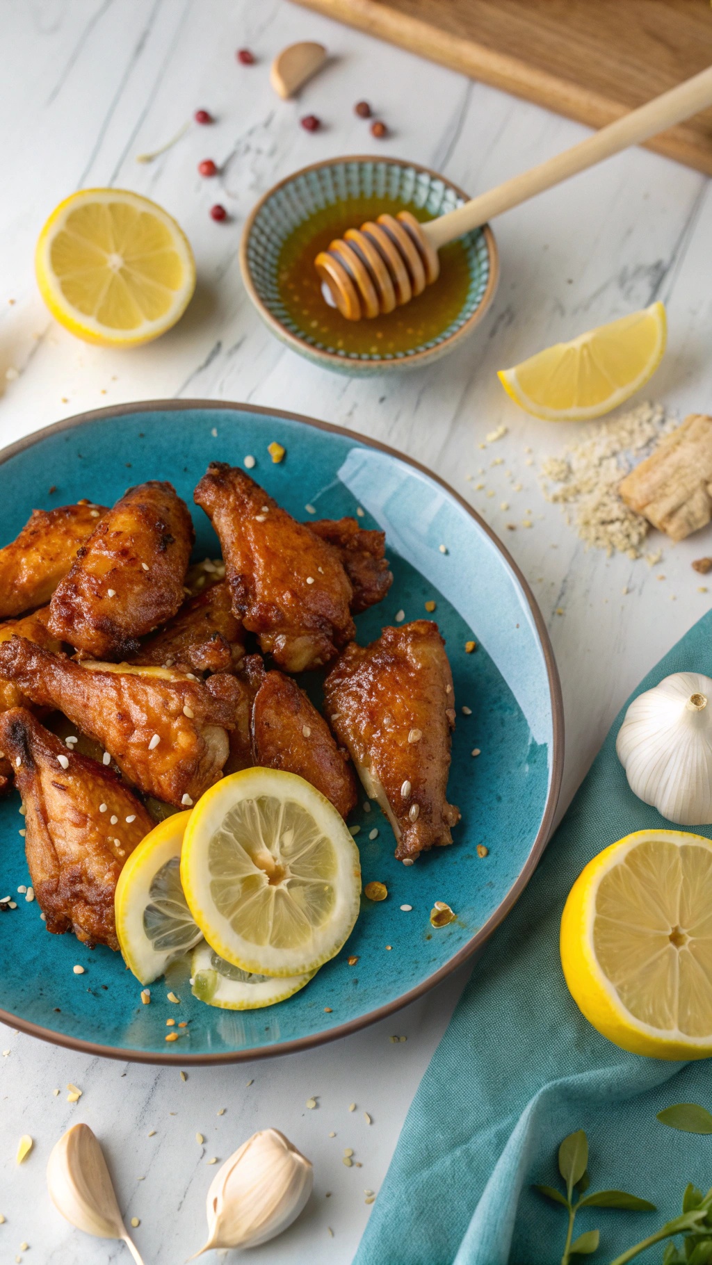 Delicious honey-lemon garlic chicken wings garnished with lemon slices and sesame seeds on a blue plate.