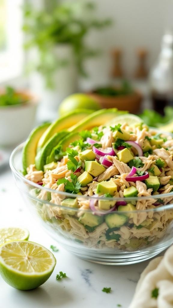 A vibrant bowl of Zesty Avocado and Lime Rotisserie Chicken Salad with fresh ingredients