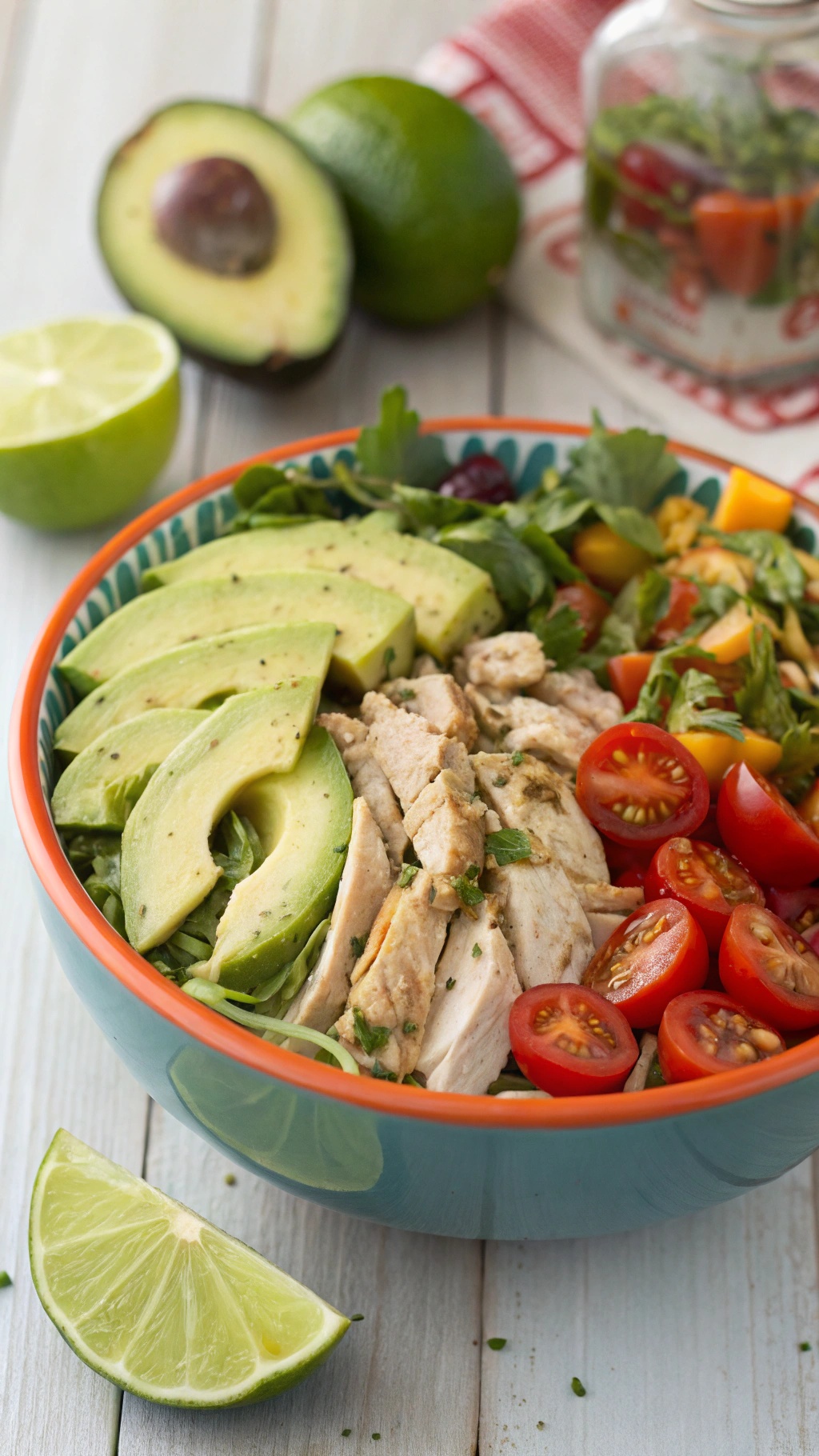 A colorful bowl of Zesty Avocado Lime Chicken Salad with sliced avocado, chicken, cherry tomatoes, and lime.