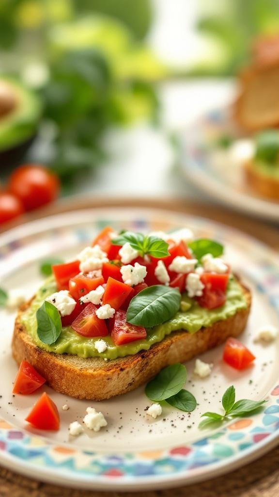 A plate of zesty avocado toast topped with diced tomatoes and crumbled feta cheese, garnished with fresh basil.