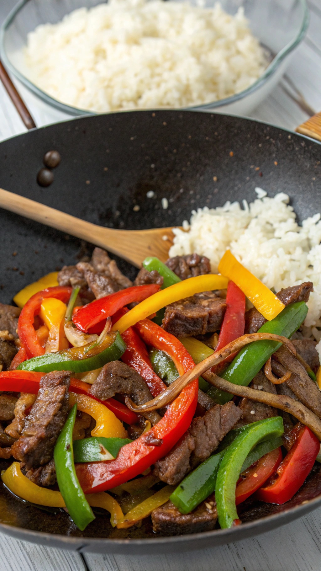 A colorful stir-fry of beef and bell peppers in a skillet with rice in the background.