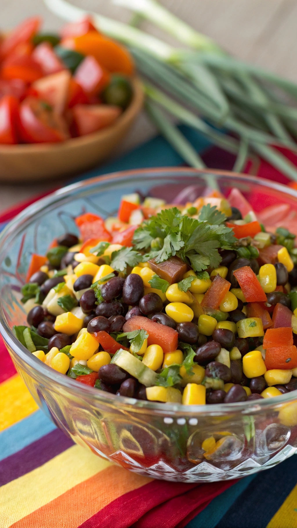 A colorful bowl of zesty black bean and corn salad with fresh vegetables and cilantro.