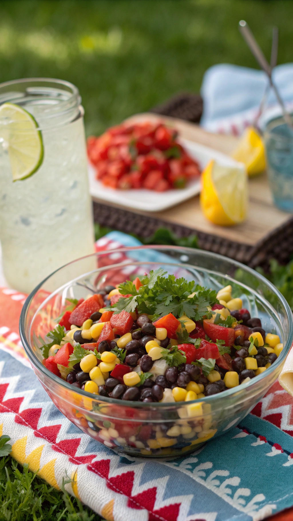 A colorful Zesty Black Bean and Corn Salad in a clear bowl, garnished with cilantro, on a vibrant tablecloth.