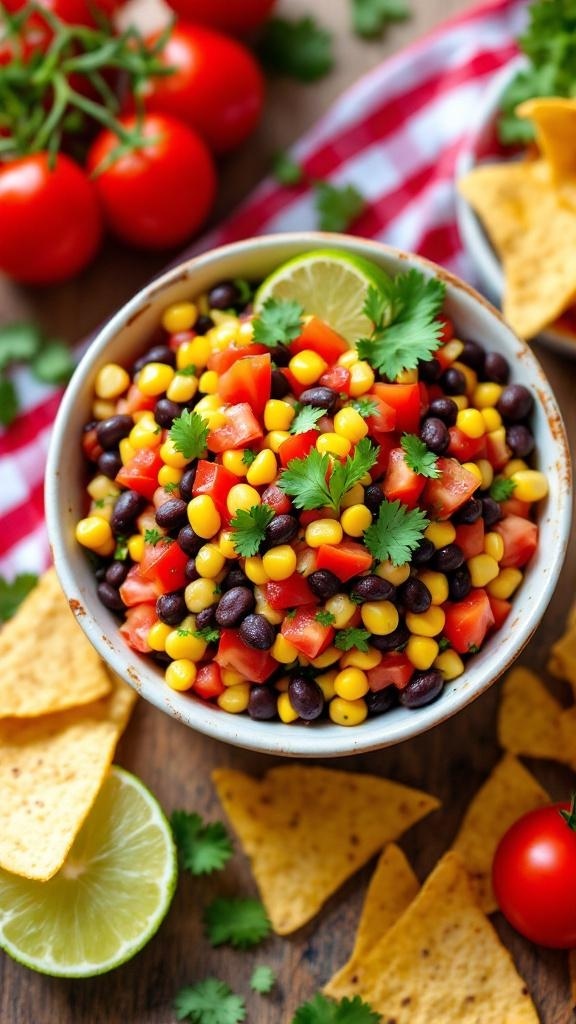A bowl of colorful black bean and corn salsa with tortilla chips on the side.