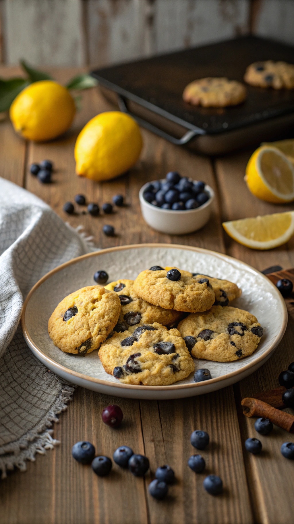 A plate of blueberry lemon protein cookies with fresh blueberries and lemons on a wooden table.