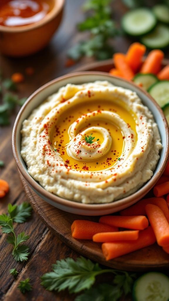 A bowl of zesty cauliflower hummus garnished with olive oil and paprika, surrounded by fresh carrot and cucumber sticks.