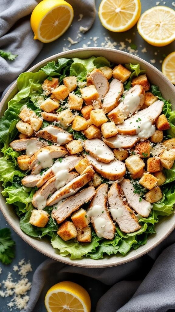 A bowl filled with romaine lettuce, sliced rotisserie chicken, croutons, and Caesar dressing, garnished with lemon wedges.