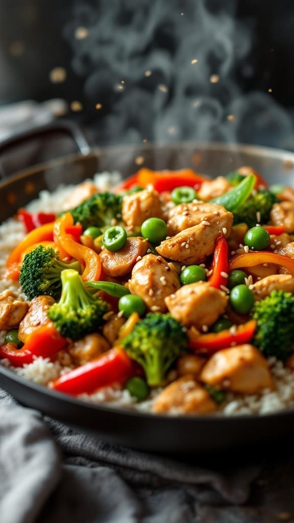 A colorful chicken stir-fry with broccoli, bell peppers, and peas served over rice.