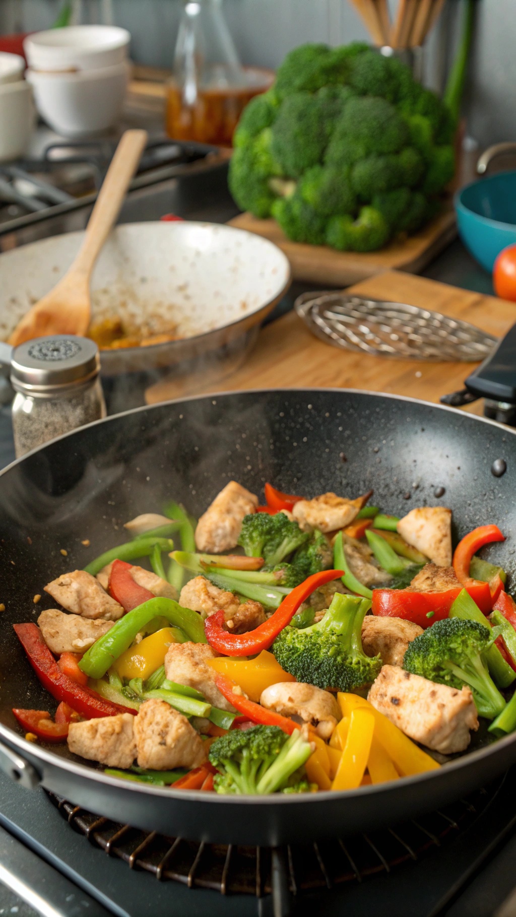 A colorful chicken stir-fry with broccoli and bell peppers in a pan on the stove.